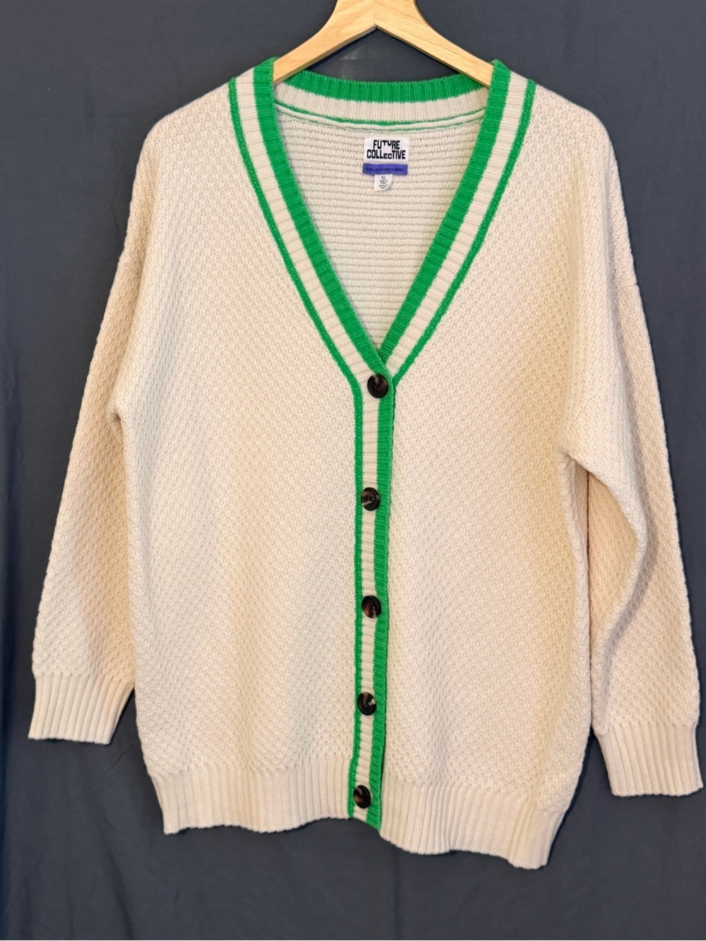 Future Collective Cream Cardigan with Green Contrast Trim